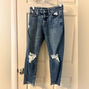 Good American Ripped Blue Girlfriend Jeans Raw Hem Size 0/25